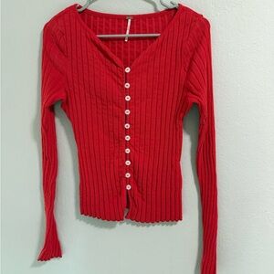 Free People Ribbed Button Front Long Sleeve Top Red M